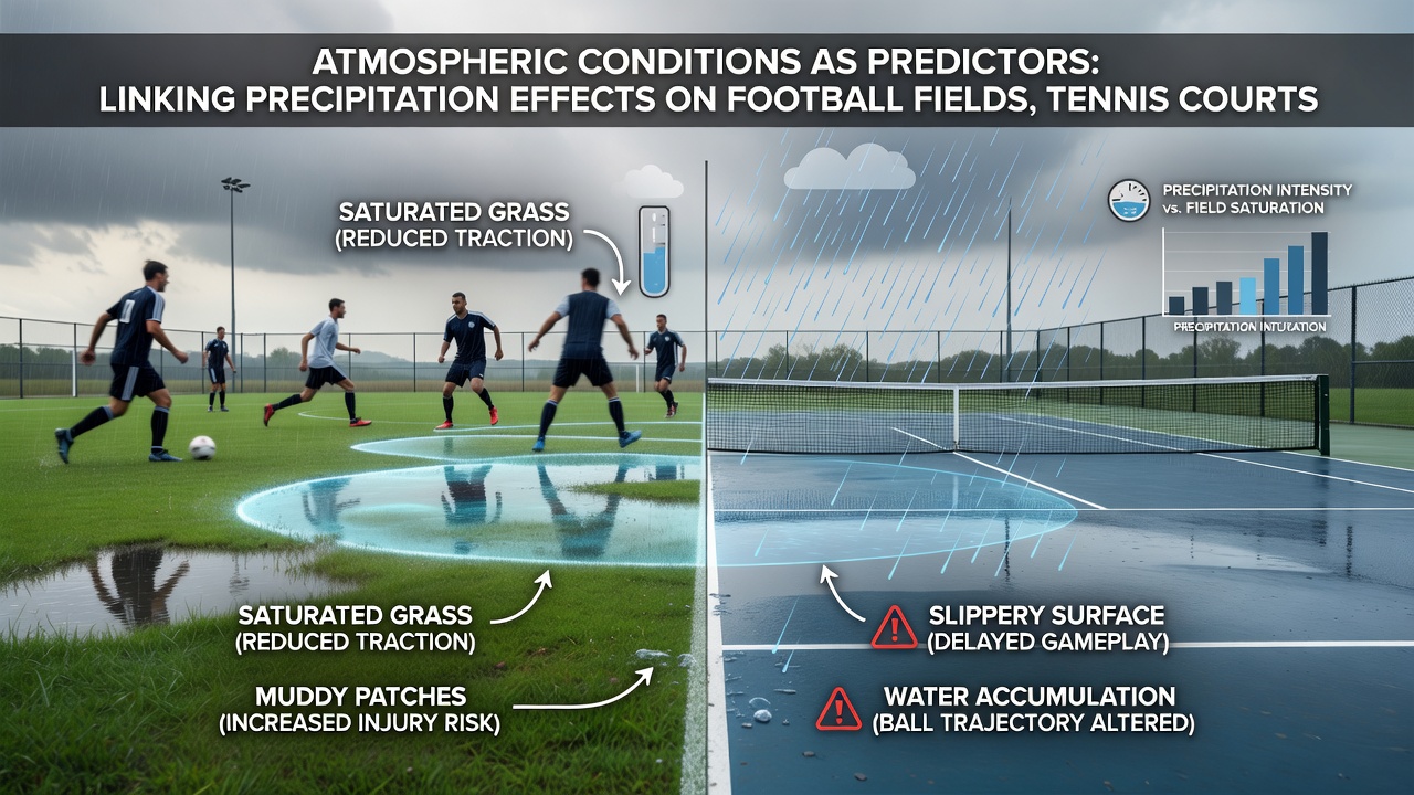 Detailed view of precipitation effects on different sports surfaces including wet grass, damp clay, and muddy racetrack