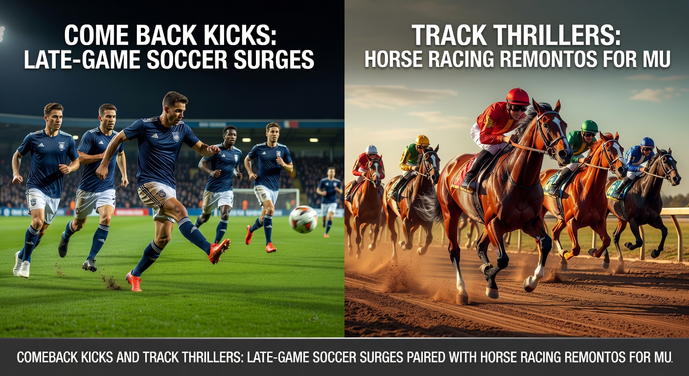 Close-up of a soccer net rippling from a late surge goal alongside a horse thundering home in a remonto, symbolizing paired betting excitement