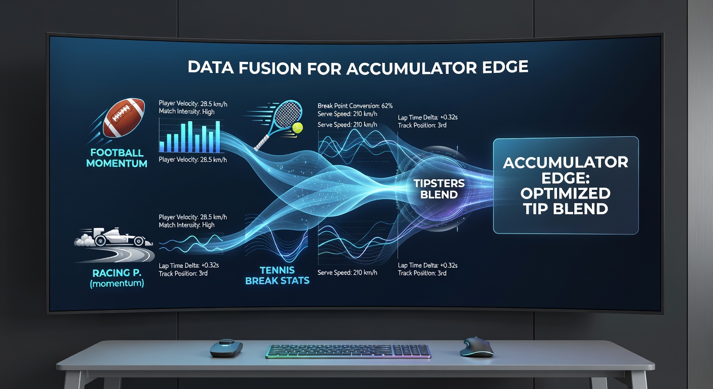 Chart illustrating fused data overlays of tennis break points, football momentum graphs, and horse racing pace lines converging into an accumulator success path
