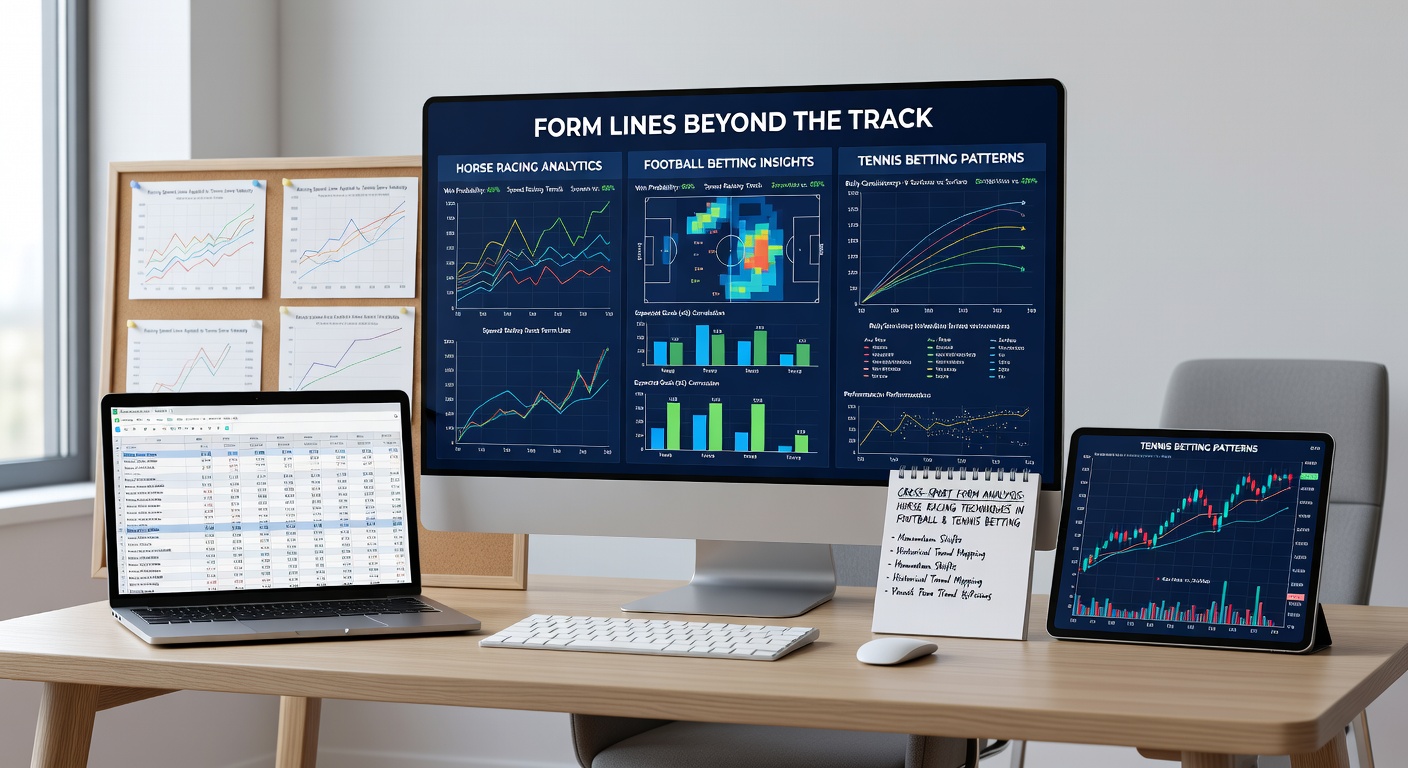 Close-up charts overlaying horse racing form graphs with football league tables and tennis player stats, demonstrating analytical parallels in betting strategies