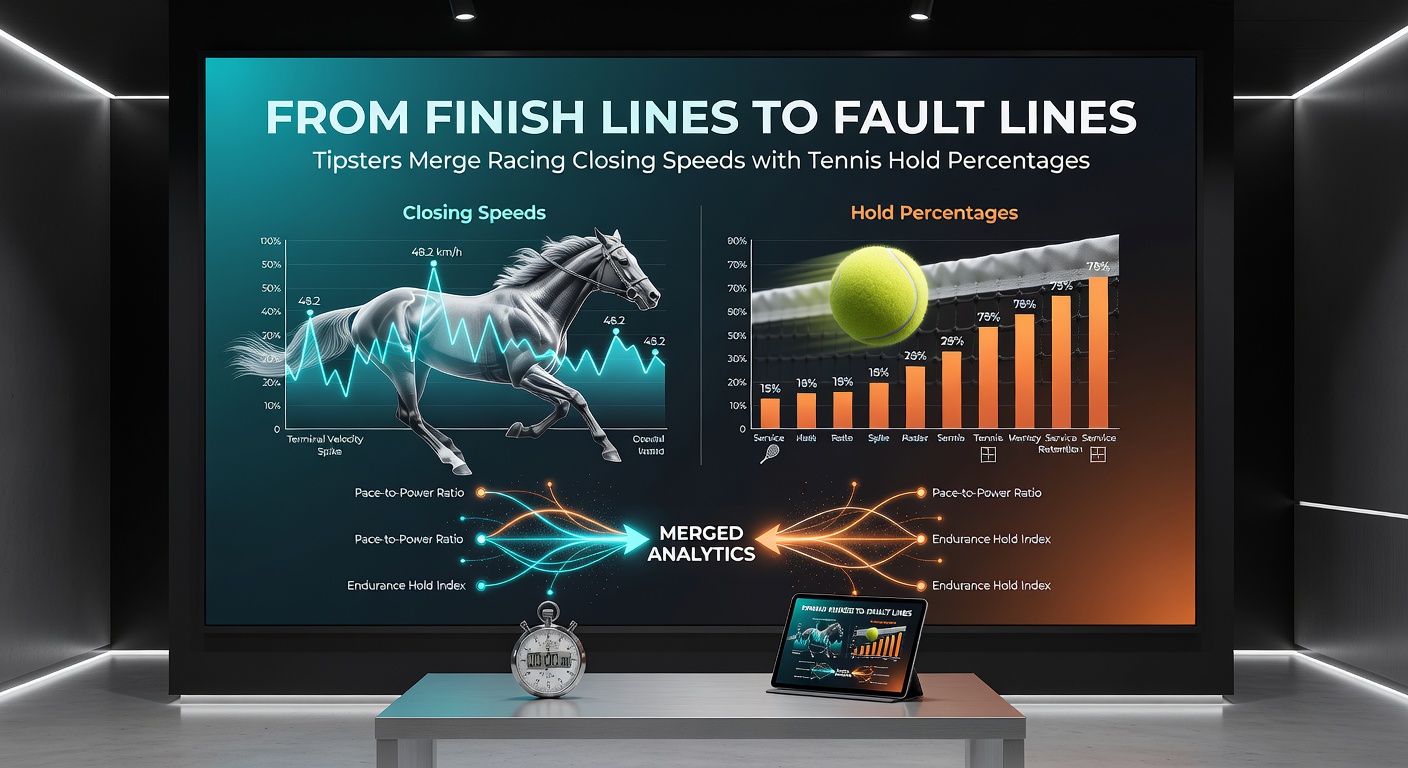 Tennis player serving intensely with overlaid graphs of horse closing speeds and hold percentage trends
