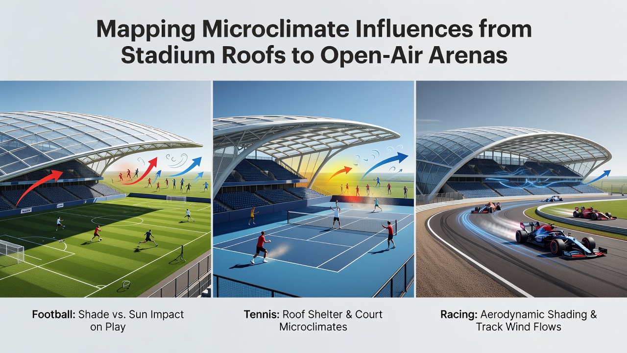 Open-air tennis arena with wind flow arrows and temperature gradient data overlaid on court surfaces