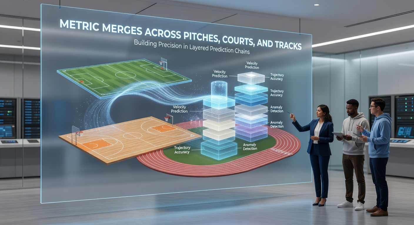 Illustration of layered data processing connecting soccer, tennis, and racing statistics into unified prediction outputs