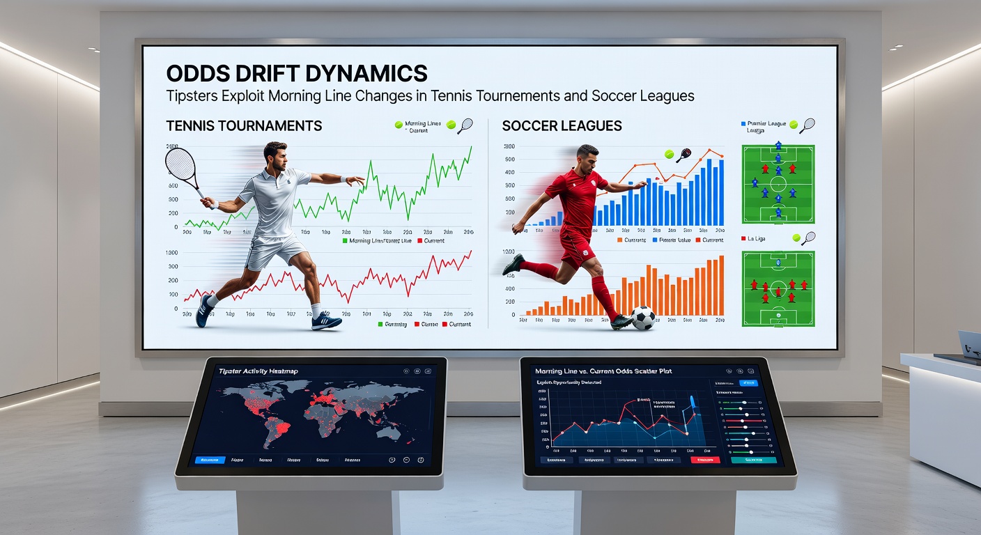 Visual breakdown of odds drift timelines in a soccer league fixture versus a tennis semifinal, highlighting tipster entry points