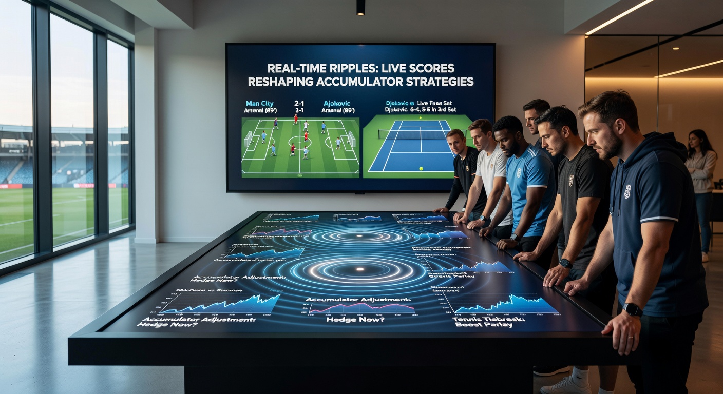 Tennis player mid-serve with overlaid live betting odds and accumulator tracker on a mobile screen