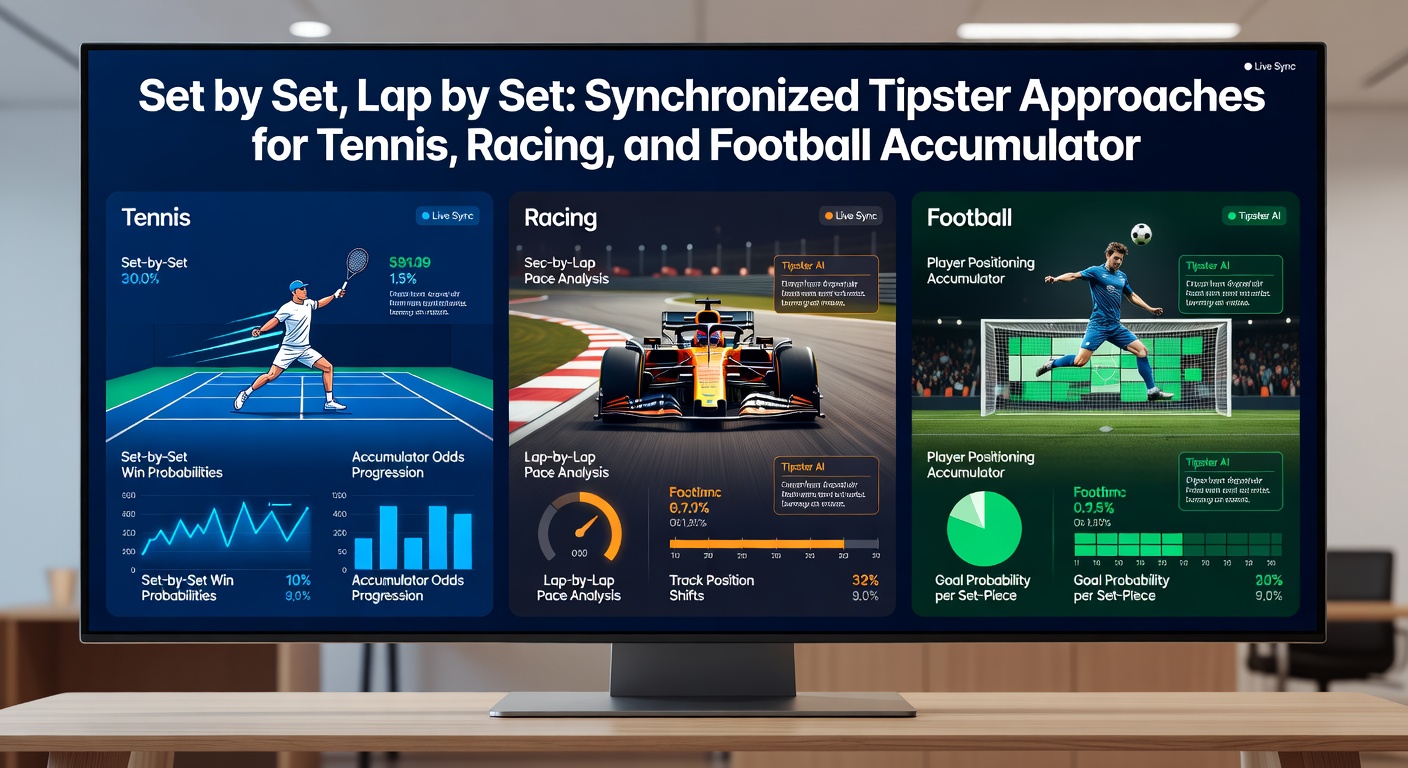 Visual overlay of tennis set graphs, racing lap splits, and football phase timelines in a tipster's synchronized accumulator model