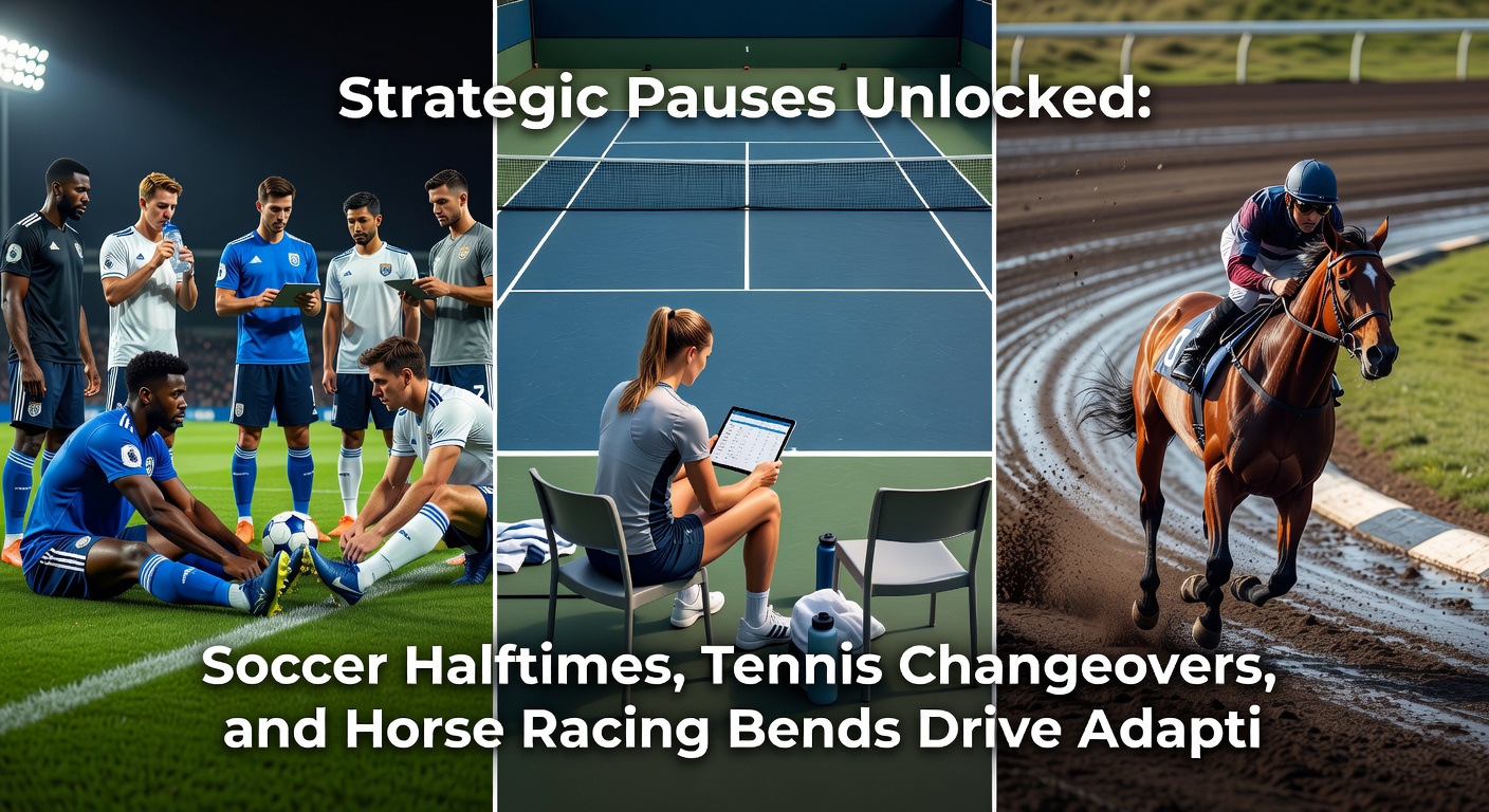 Close-up of tennis player during changeover analyzing stats on tablet, overlaid with soccer halftime tactics and horse racing bend positioning graphics