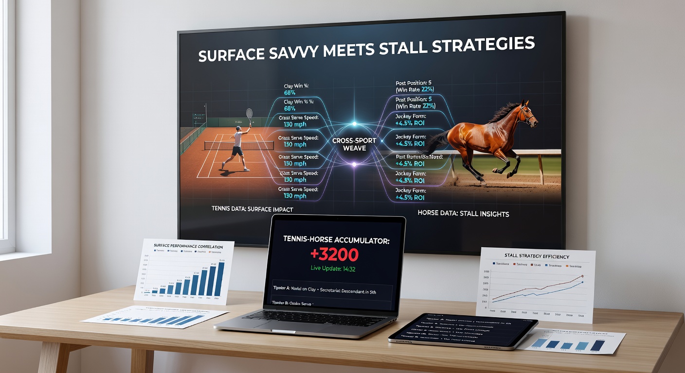 Data charts overlaying tennis surface stats with horse racing stall win rates, illustrating tipster accumulator strategies
