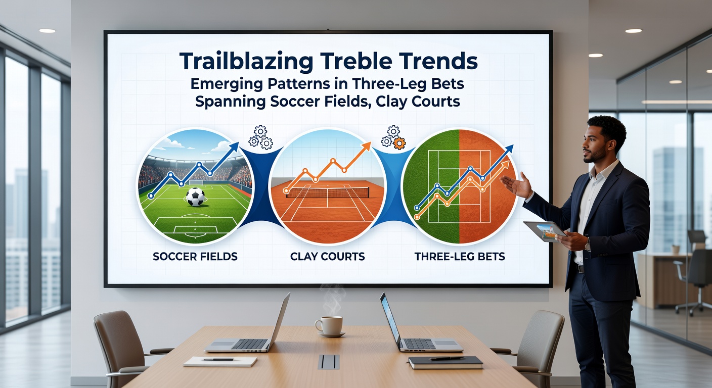 Close-up of intense tennis exchange on clay with sliding players, overlaid with soccer goal celebration and racing jockey whip, illustrating pattern overlaps in treble bets
