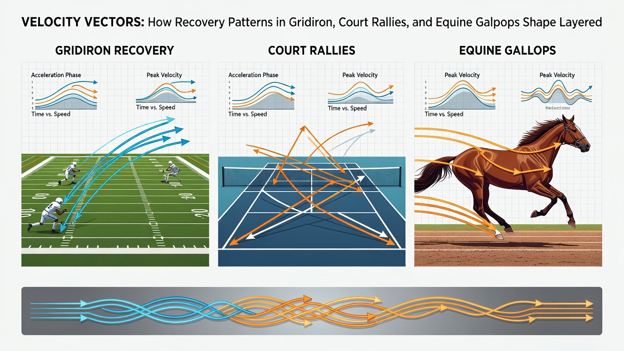 Multi-sport data overlay comparing recovery vectors from football tackles, tennis rallies, and horse racing gallops