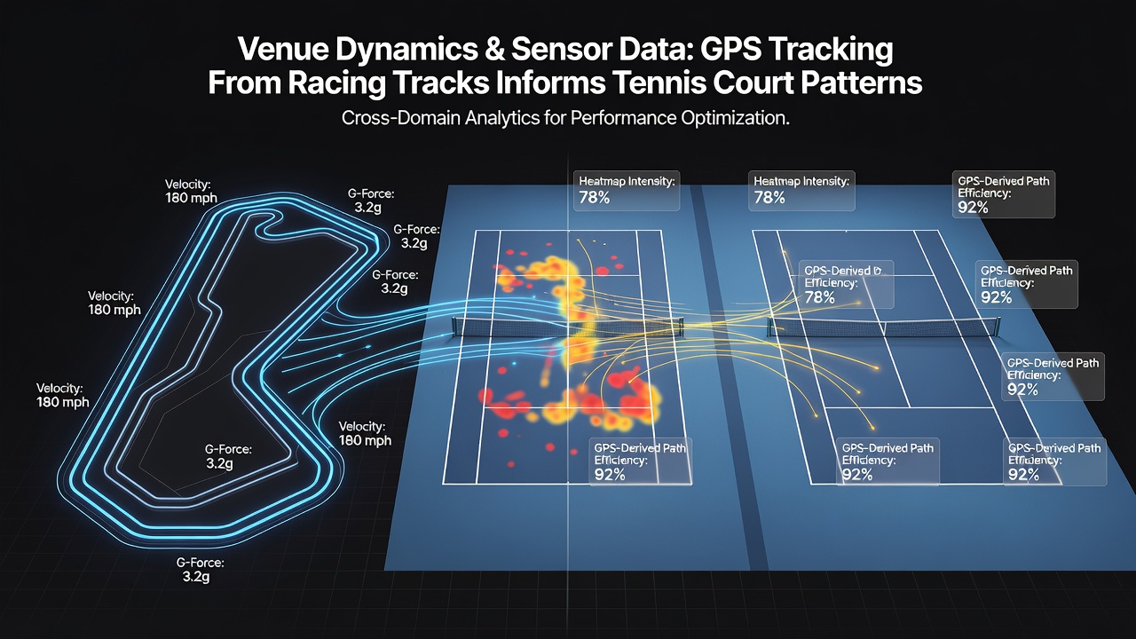 Sensor data visualization showing integrated GPS paths from horse racing, tennis rallies, and soccer midfield movements